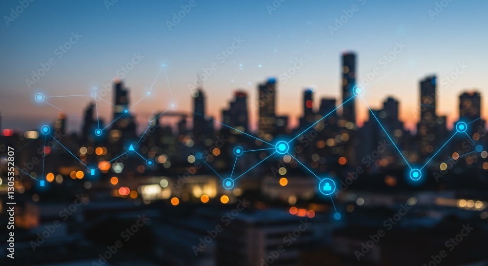 Poster connected city network with glowing nodes. futuristic cityscape with data visualization for smart te