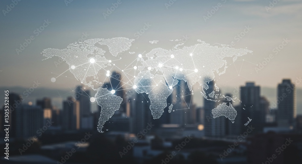 Poster global network connection map over city skyline. worldwide internet, blockchain technology, globaliz
