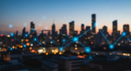 Connected city network with glowing nodes. Futuristic cityscape with data visualization for smart technology, communication, infrastructure concept at dusk.