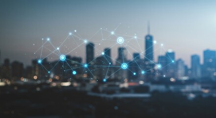 Technological city network with glowing connections over blurred cityscape. Smart city infrastructure, modern communication and data transfer concept. Futuristic blue glow