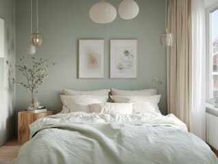 A comfortable bedroom is displaying modern aesthetic decor and furniture