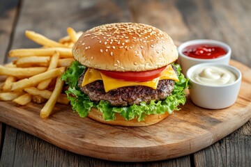 Delicious Burger with Fries and Sauces on a Wooden Board