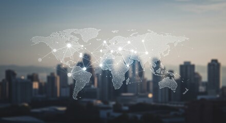 Global network connection map over city skyline. Worldwide internet, blockchain technology, globalization, communication and future concept with copy space.