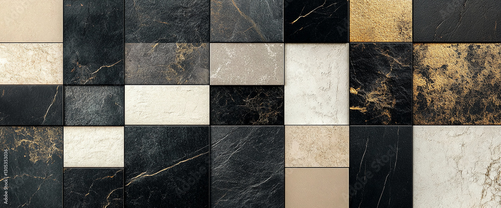 Poster geometric pattern of black, beige, and gold textured squares, creating a sophisticated and modern de