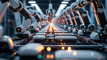 Robotic arms working on an assembly line in a modern manufacturing facility at night