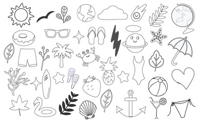 Summer vacation doodle outline illustration set sea weekend collection for beach party picnic elements vector