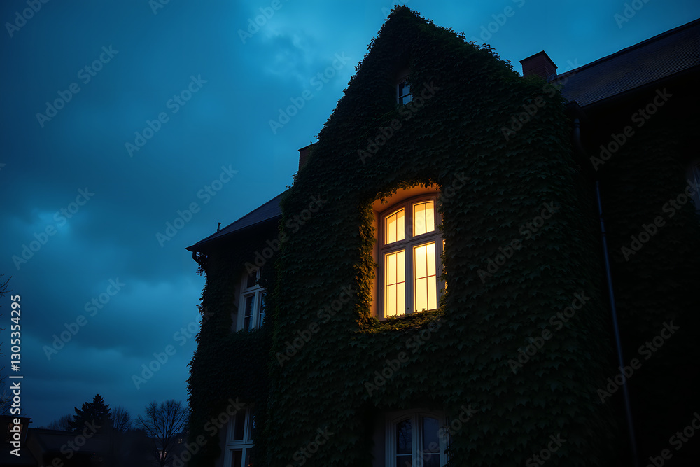 Poster a charming ivy-covered house stands against a moody evening sky with a warm light glowing from the w