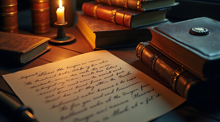 A warm and inviting scene featuring old books stacked beside handwritten letters and a flickering candle, evoking a sense of nostalgia and quiet reflection