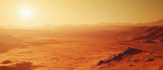 Fototapeta premium A sunlit Martian-like landscape stretches infinitely, bathed in warm, ocher hues under a blazing sun, evoking a sense of desolate beauty.