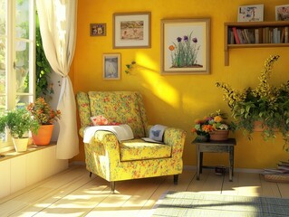 A cozy yellow room with floral armchair and vibrant details