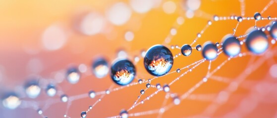 Dewdrops glisten like jewels on a spiderweb against a vibrant, blurred orange and yellow background, capturing the essence of morning freshness.