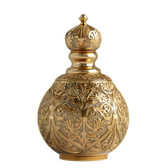 Elegant golden decorative vase with intricate floral patterns and crown like top, perfect for home decor or as gift
