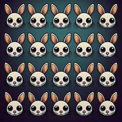 Obraz premium Easter bunny faces twenty white bunnies with peach colored upright ears smiling with blue purple background