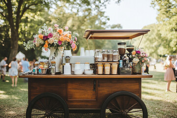Vintage coffee cart with floral décor at an outdoor wedding event