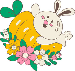 groovy retro easter bunny and spring flower elements.