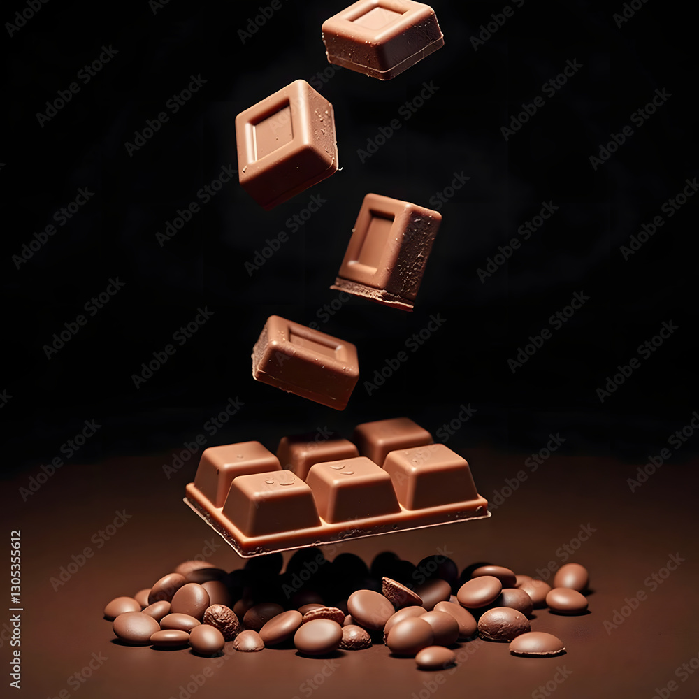 Poster chocolate bars and pieces are floating above a mound of cocoa beans, creating a rich and indulgent s