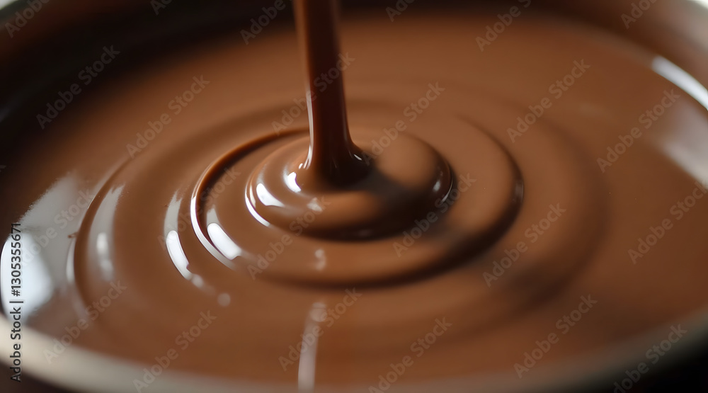 Poster rich melted chocolate creating smooth swirls in a bowl with a glossy surface reflecting light