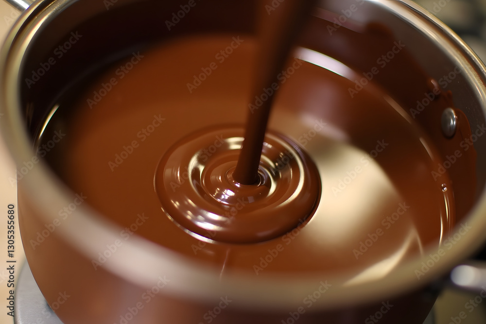 Poster rich, smooth chocolate sauce being stirred in a silver pot creating a whirlpool effect with glossy t