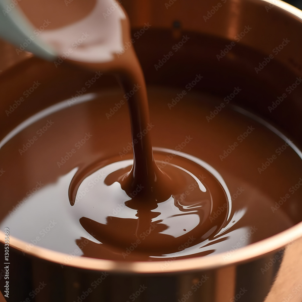 Poster rich melted chocolate flows smoothly into a copper pot, creating a swirl pattern that highlights its
