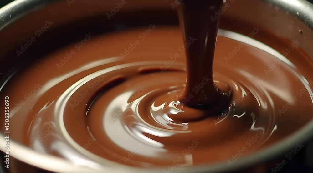 Poster rich melted chocolate swirling in a metal pot, creating a glossy texture with smooth ripples and ref