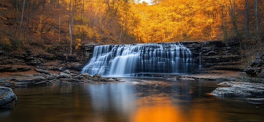 Breathtaking Cascading Waterfall Surrounded by Vibrant Autumn Foliage Display