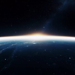 View of Earth from space with sunrise illuminating the horizon and distant stars in the background, showcasing the beauty of our planet