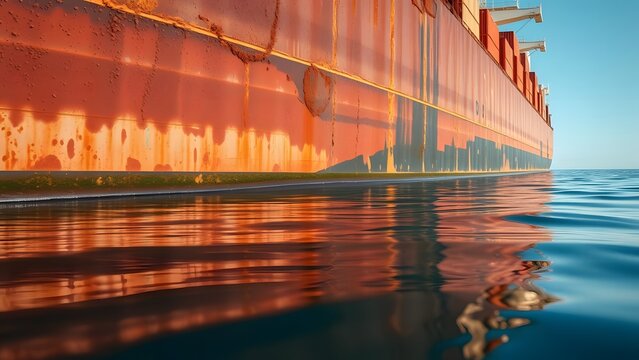 Witness the rusting side of a cargo ship reflecting on calm ocean waters, showcasing the intersection of industry and nature in a tranquil maritime scene.  