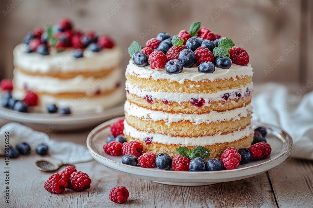 Poster layered cake display with fresh berries and cream on rustic table