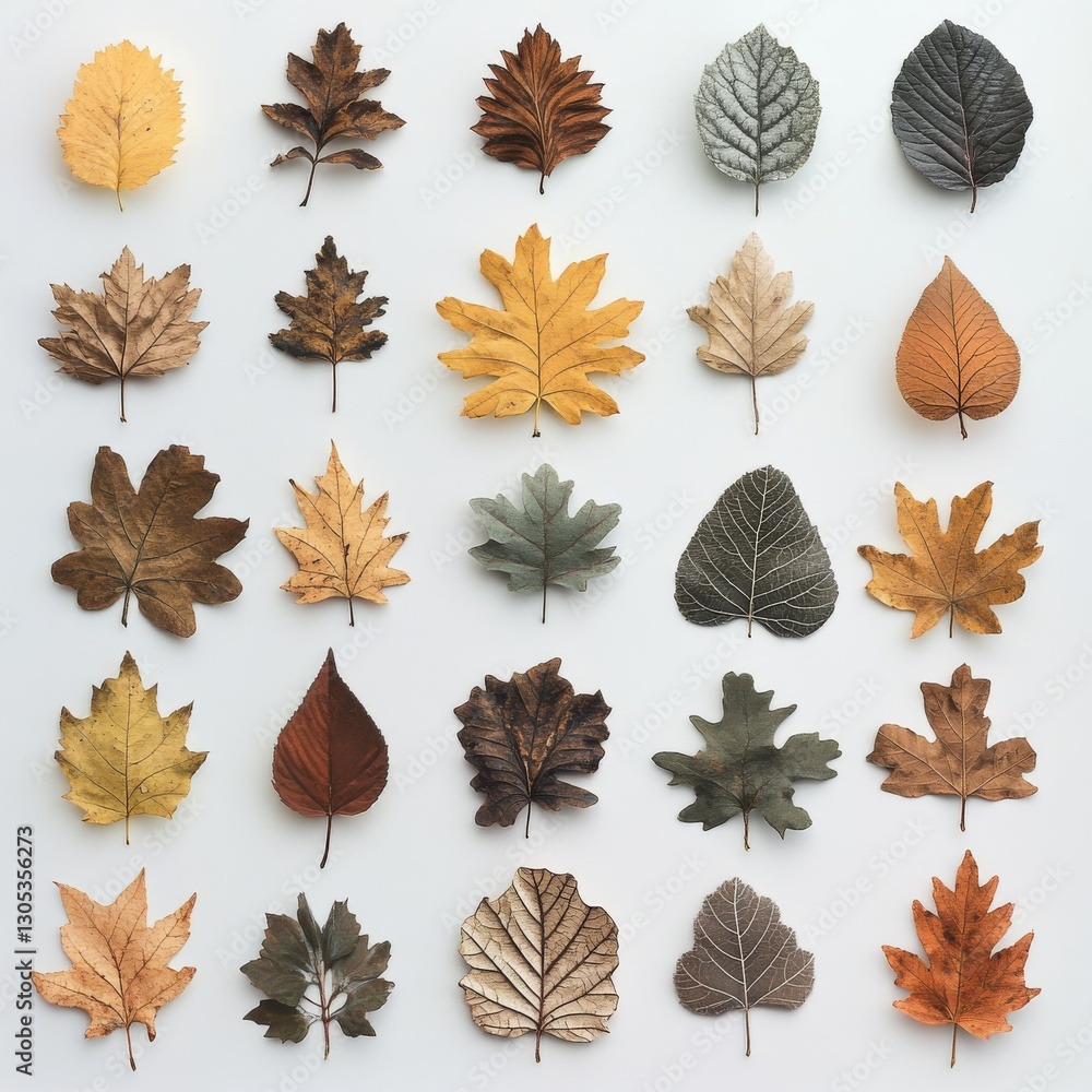 Aufkleber Autumnal Array: A Collection of Fall Leaves Displaying a Spectrum of Colors and Textures Against a Clean White Background