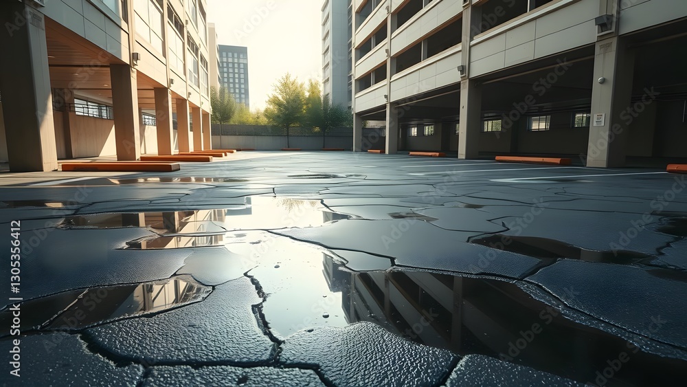 Aufkleber serene urban parking lot with puddles reflecting sunlight, showcasing modern architecture and a tran
