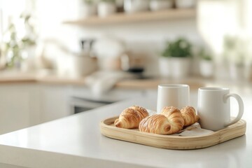 Croissants and Mugs on Tray in Bright Kitchen Interior Scene