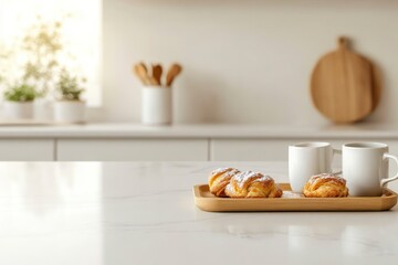 Fresh Croissants and Coffee Mugs on Kitchen Counter for Breakfast