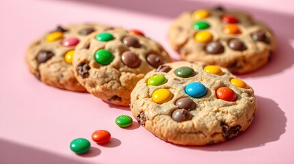 tock photo close-up of four chocolate chip cookies with colorful M&M's, stacked on pink.