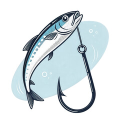 Fototapeta premium Illustration of a blue and white fish caught on a large black fishing hook.