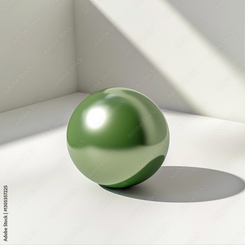 Poster green sphere on white surface with natural light and shadow: a simple abstract composition