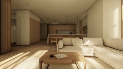Fototapeta premium A minimalist living room with an open layout, featuring a light-colored sofa, wooden accents, and a sleek coffee table.