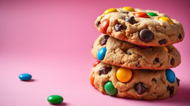 A delightful stack of three freshly baked cookies bursting with delicious chocolate chips and vibrant candy-coated chocolates.