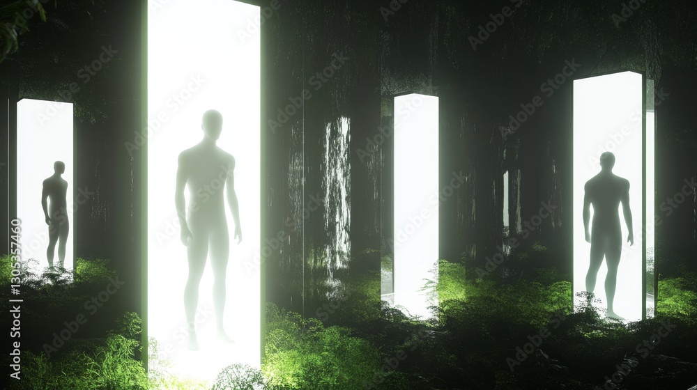 Poster surreal figures in illuminated forest setting