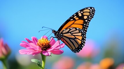 Naklejka premium A monarch butterfly gracefully perched on a blooming pink flower, collecting nectar under a clear blue sky.