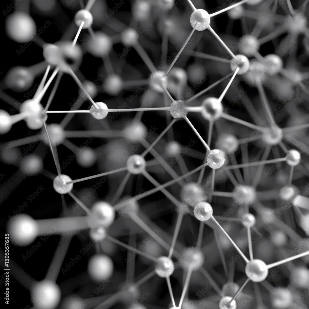 Poster network of spheres connected by lines forming a complex structure, rendered in monochrome with a sha