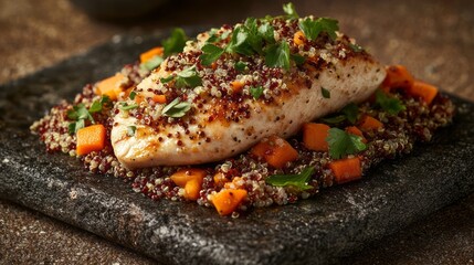 Closeup of Pan Seared Fish with Quinoa and Sweet Potato on Dark Stone Plate