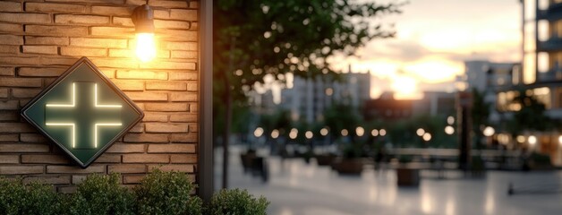 Illuminated green cross sign marks the entrance of a pharmacy located in a contemporary space, promoting health services