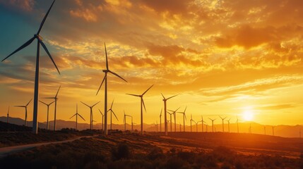 Obraz premium A scenic view of a wind farm at sunrise, with tall wind turbines spinning against a golden sky.