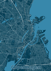 The image showcases a detailed map of Copenhagen, Denmark. The map is rendered in a minimalist style, using shades of blue and white to depict the city's streets, waterways, and coastline.