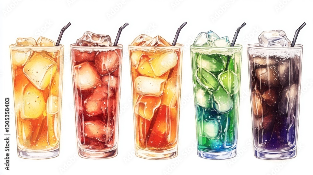 Poster a set of different sodas with ice, showing various flavors and colors.