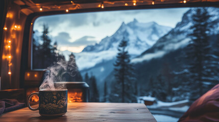 Steaming mug on wooden table, scenic mountain view through van window, cozy winter atmosphere, evokes relaxation and travel