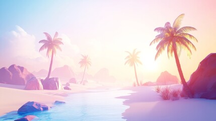 Tropical paradise with palm trees and sunset.
