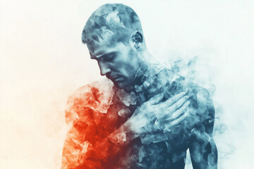 man with a heart on his chest is shown in a blurry, abstract style. Concept of vulnerability and emotional pain, as the man's body is covered in smoke and his heart is exposed