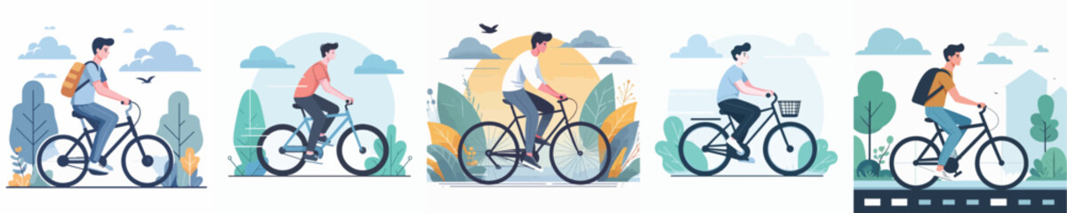 Naklejka premium Vector of a young man riding a bicycle.