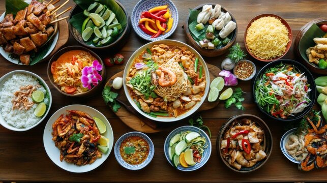 A Thai-style dinner table with pad pak boong fai daeng as the centerpiece, surrounded by other flavorful dishes.